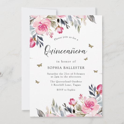 Magische Blush Pink Gown Dress Floral Quinceanera Kaart (Achterkant)