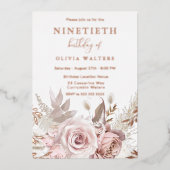 Magische Blush & Roos Bloemen 90ste Verjaardag Folie Uitnodiging (Voorkant)