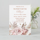 Magische Blush & Roos Bloemen 90ste Verjaardag Folie Uitnodiging (Staand Voorkant)