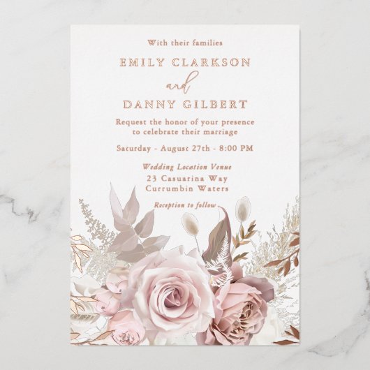 Magische Blush & Roos Bloemen Bruiloft Roos Goud Folie Uitnodiging (Voorkant)