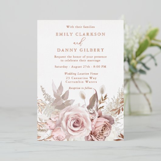 Magische Blush & Roos Bloemen Bruiloft Roos Goud Folie Uitnodiging (Staand Voorkant)
