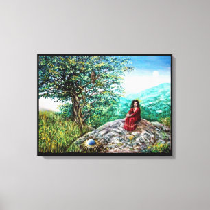 MAGISCHE BOOM / Dageraad in Groen Hout en Dame in Canvas Afdruk