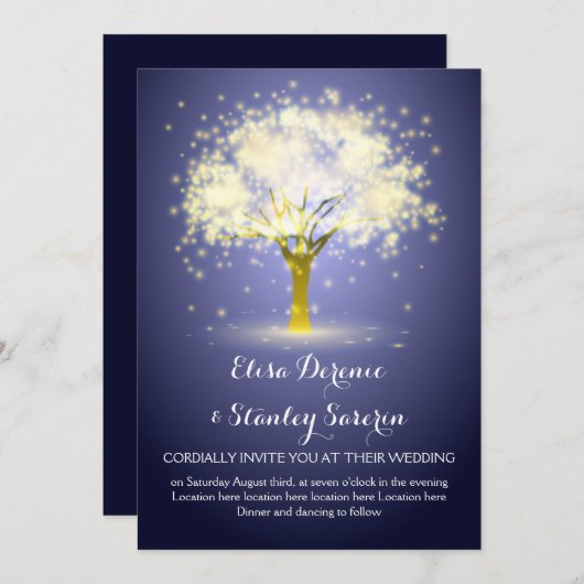 Magische boom, mousserende lichten blauwe bruiloft kaart (Voorkant / Achterkant)