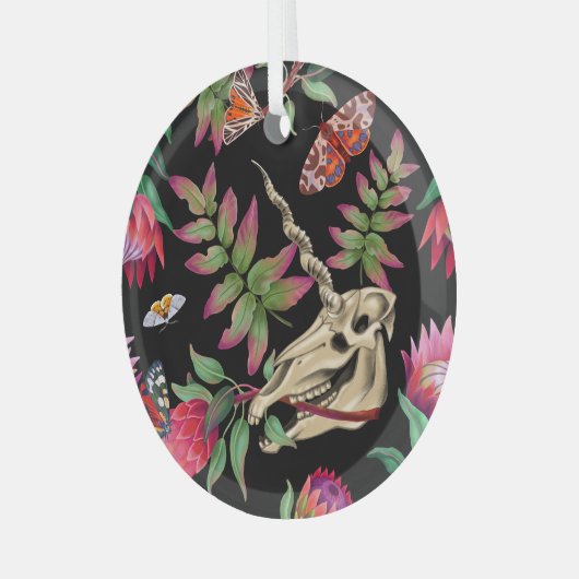 Magische bos eenhoorn donker patroon. glas ornament (Voorkant links)