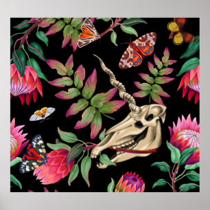 Magische bos eenhoorn donker patroon. poster