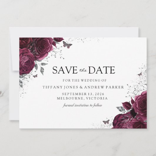 Magische Bourgogne Rozen Floral Weddenschap Save The Date (Voorkant)