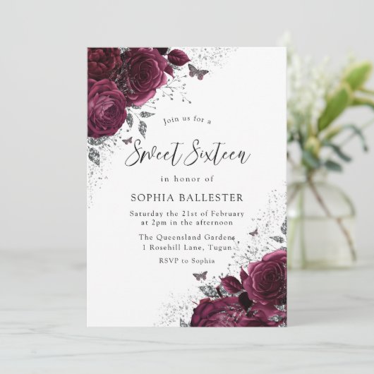 Magische Bourgogne Rozen Silver Elegant Sweet 16 Kaart (Staand voorkant)