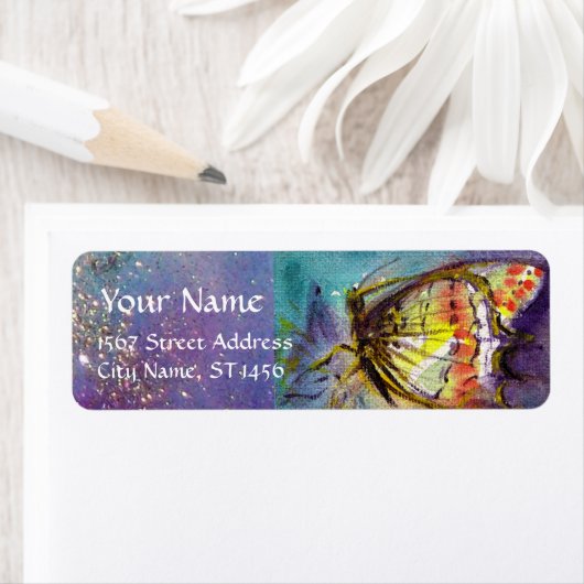 MAGISCHE BUTTERFLES IN BLUE GOLD SPARKLES ETIKET (Insitu)
