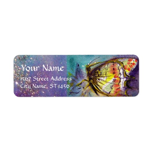 MAGISCHE BUTTERFLES IN BLUE GOLD SPARKLES ETIKET (Voorkant)