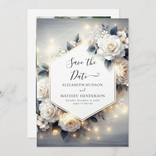 Magische Chic White Roses bruiloft Save The Date (Voorkant / Achterkant)