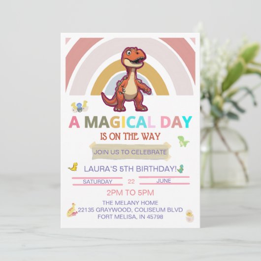 Magische Dag Dinosaurus en Verjaardag Uitnodiging (Staand voorkant)