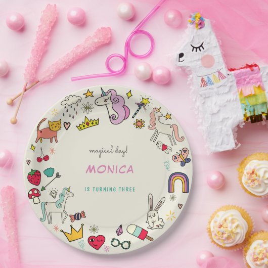 Magische dag katten konijnen eenhoorns kinderen ve papieren bordje (Feest)
