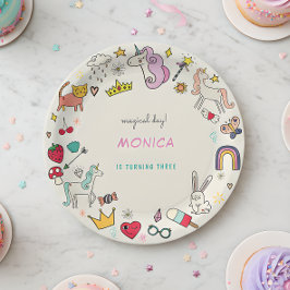 Magische dag katten konijnen eenhoorns kinderen ve papieren bordje