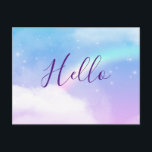 Magische deegwolken en een regenboogHallo Briefkaart<br><div class="desc">Een briefkaart met een zacht en mooi achtergrondafbeelding. Pastel blauw en roze wolken met een magische regenboog.</div>