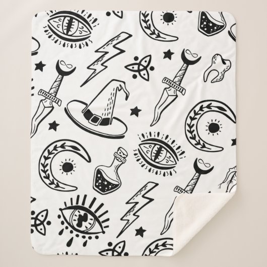 Magische dingen, inkttekening op een witte achterg sherpa deken (Voorkant)