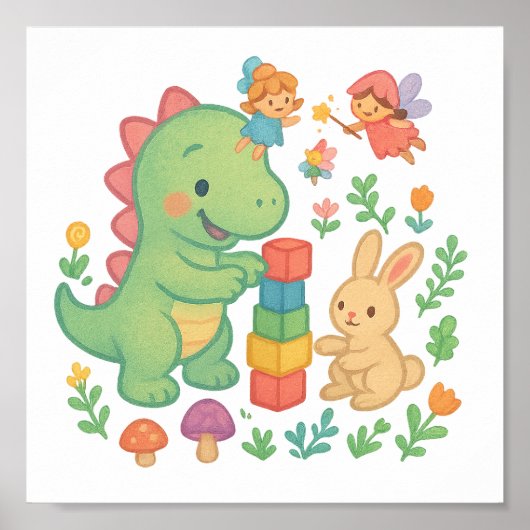 Magische Dino & Bunny – Schattigee Sprookjesvriend Poster (Voorkant)