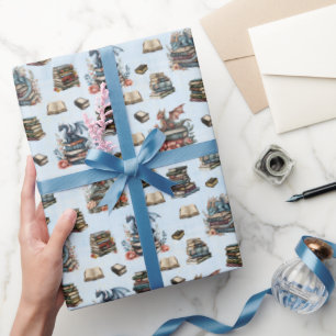 Magische Draken & Boeken op Lichtblauw Cadeaupapier