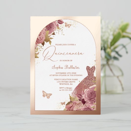 Magische dress Enchanted Quinceanera Roos Gold Folie Uitnodiging (Staand Voorkant)