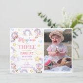 Magische drie regenboog eenhoorn 3e verjaardag fot kaart (Staand voorkant)