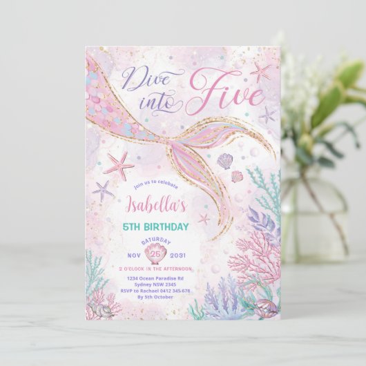 Magische Duik in Vijf Zeemeermin 5e Verjaardagsfee Kaart (Staand voorkant)