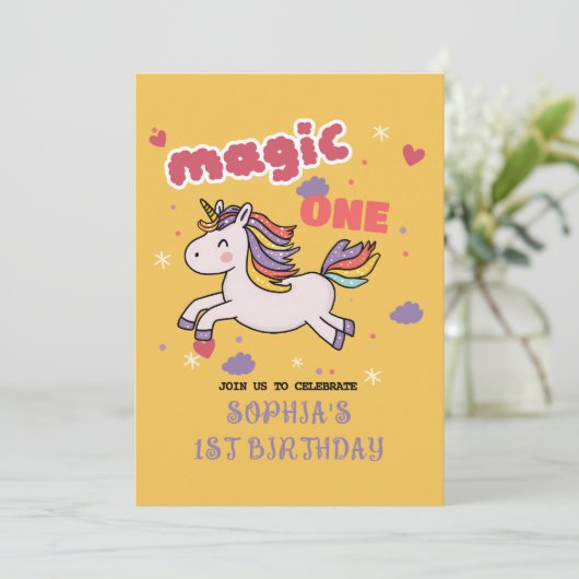 Magische Eenhoorn 1e Verjaardag Uitnodiging (Staand voorkant)