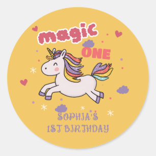 Magische Eenhoorn 1e Verjaardagsuitnodiging Ronde Sticker