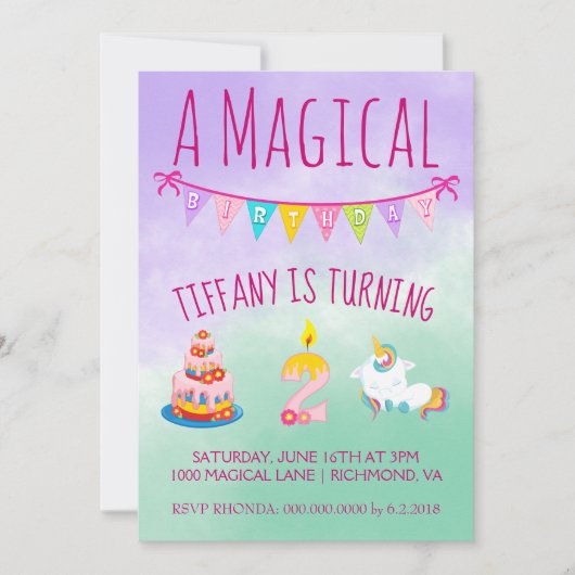 Magische eenhoorn 2 jaar oud verjaardagsfeestje kaart (Voorkant)