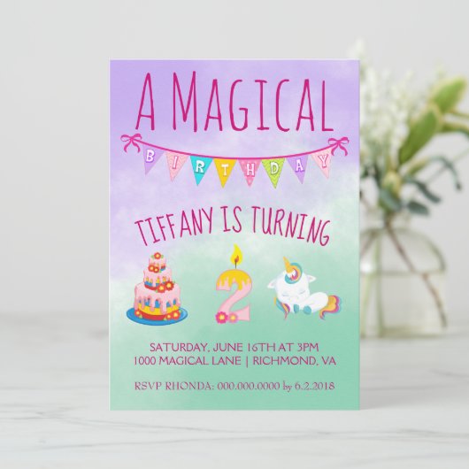 Magische eenhoorn 2 jaar oud verjaardagsfeestje kaart (Staand voorkant)