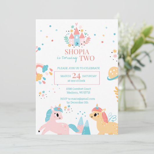 Magische Eenhoorn 2e Verjaardag Uitnodiging (Staand voorkant)
