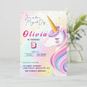 Magische Eenhoorn 3e Verjaardag Uitnodiging (Staand voorkant)