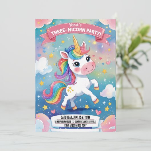 Magische Eenhoorn 3e verjaardag Uitnodiging | Roze (Staand voorkant)
