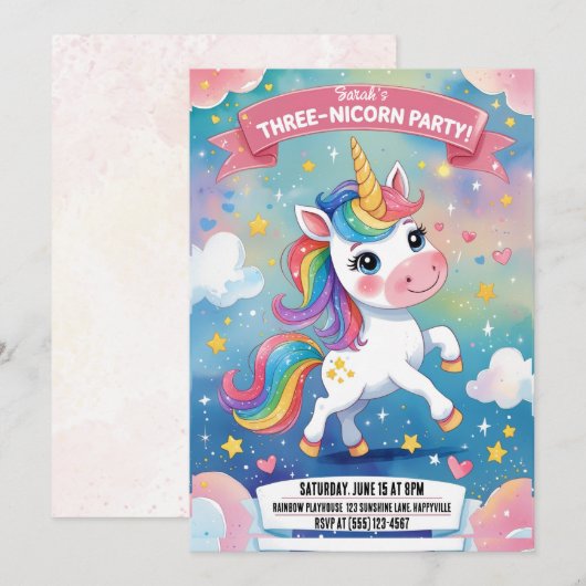 Magische Eenhoorn 3e verjaardag Uitnodiging | Roze (Voorkant / Achterkant)