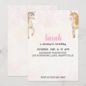 Magische Eenhoorn 3e verjaardag Uitnodiging | Roze (Voorkant / Achterkant)