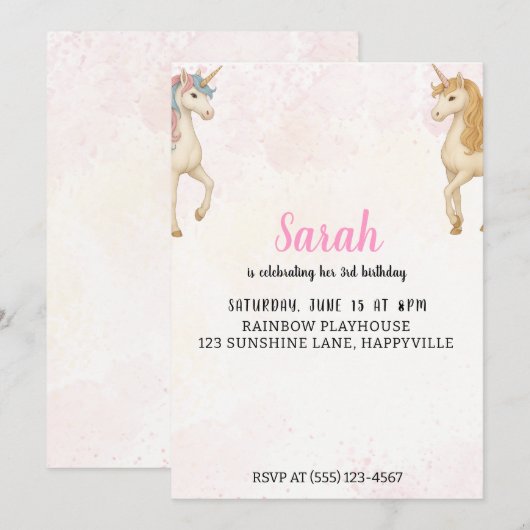 Magische Eenhoorn 3e verjaardag Uitnodiging | Roze (Voorkant / Achterkant)
