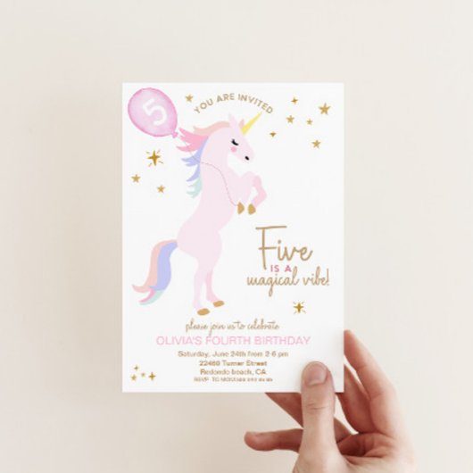 Magische Eenhoorn 5e Verjaardag Uitnodiging roze