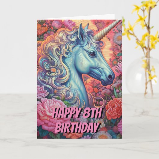 Magische eenhoorn 8e verjaardag gevouwen kaart (Gele Bloem)