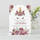 magische eenhoorn bordeaux rozen Verjaardagsuitnod Kaart (Staand voorkant)