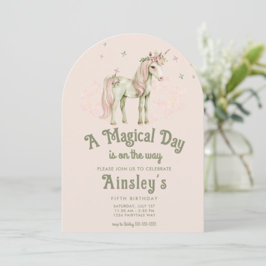 Magische Eenhoorn Custom Photo Roze Boog Verjaarda Kaart (Staand voorkant)
