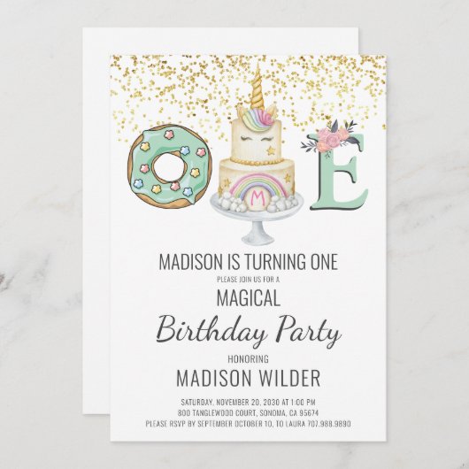 Magische eenhoorn eerste verjaardag kaart (Voorkant / Achterkant)