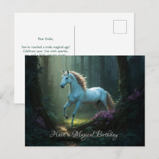 Magische eenhoorn in betoverd bos Verjaardag Briefkaart (Voorkant / Achterkant)
