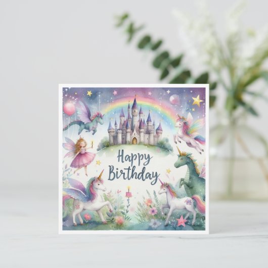 Magische eenhoorn kasteel verjaardagswensen kaart (Staand voorkant)