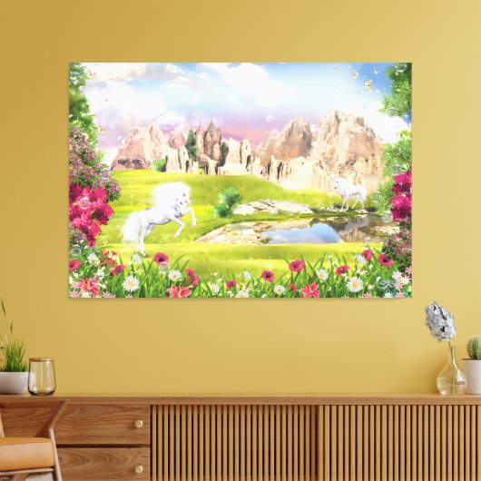 Magische Eenhoorn Koninkrijk - Fantasy Castle Land Canvas Afdruk (Insitu (Woonkamer))