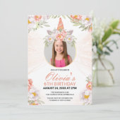 Magische Eenhoorn Meisje Foto Bloemen Verjaardag Kaart (Staand voorkant)