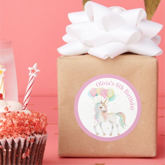 Magische eenhoorn met regenboogballonnen ronde sticker (Feest)