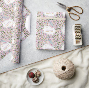 Magische Eenhoorn Paarse Bloem 1e verjaardag Cadeaupapier
