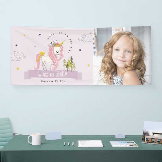 Magische Eenhoorn Paarse Lila Kinder Foto Verjaard Spandoek (Beurs)