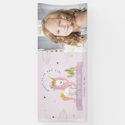 Magische Eenhoorn Paarse Lila Kinder Foto Verjaard Spandoek (Verticaal)
