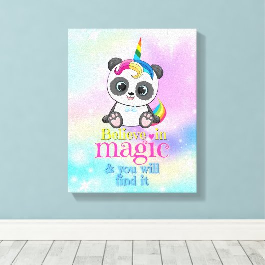 Magische eenhoorn panda op regenboogachtergrond canvas afdruk (Insitu (Houten vloer))