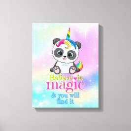 Magische eenhoorn panda op regenboogachtergrond canvas afdruk