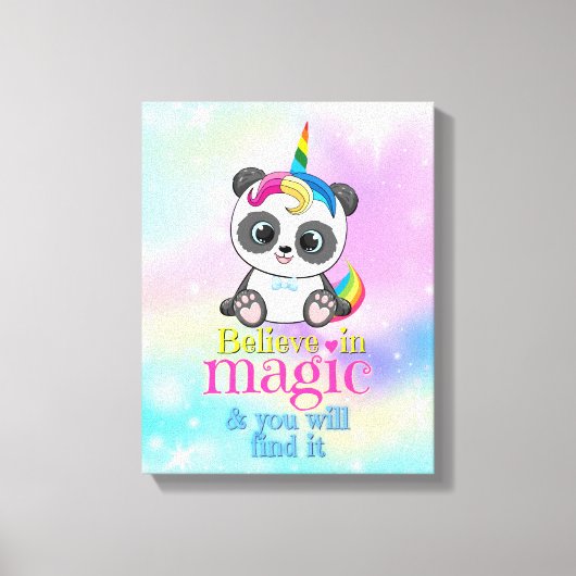 Magische eenhoorn panda op regenboogachtergrond canvas afdruk (Voorkant)